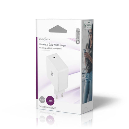 Nedis Wall Charger | 100 W | GaN | Quick charge feature | 3.0 / 5.0 A | Number of outputs: 1 | USB-C™ | Automatic Voltage Selection | White