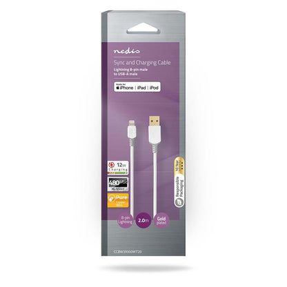 Nedis Lightning Cable | USB 2.0 | Apple Lightning 8-Pin | USB-A Male | 480 Mbps | Gold Plated | 2.00 m | Round | PVC | Grey / White | Box