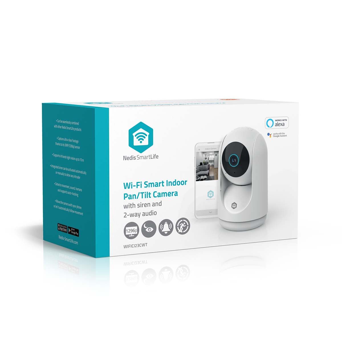 Nedis SmartLife Indoor Camera | Wi-Fi | 3MP Full HD 1296p | Pan tilt | Cloud Storage (optional) / microSD (not included) / Onvif | With motion sensor | Night vision | White