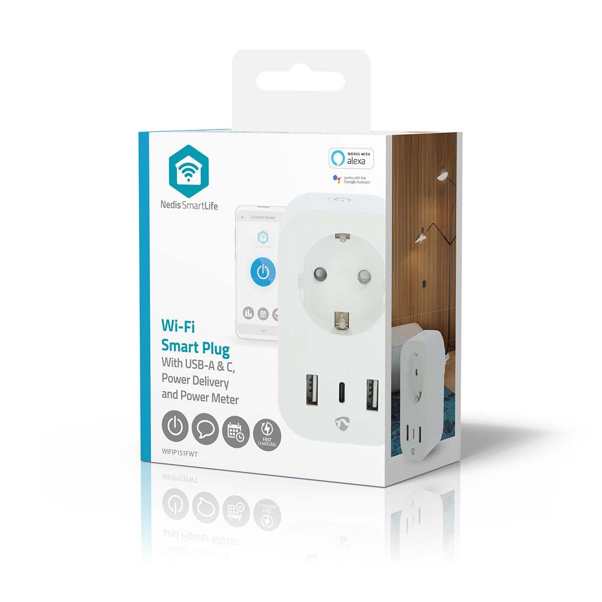 Nedis SmartLife Smart Plug | Wi-Fi | IP21 | Power meter | 3680 W | Type E (CEE 7/6) / 1x USB-C™ / 2x USB | 0 - 55 °C | Android™ / IOS | White | 1 pcs