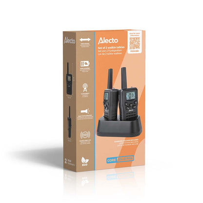 Alecto FR200BK | Walkie-Talkie Set | 2 Handsets | Up to 10 km | Frequency channels: 8 | PTT / VOX | 24 h standby| Charging base included | Headphone output | Black