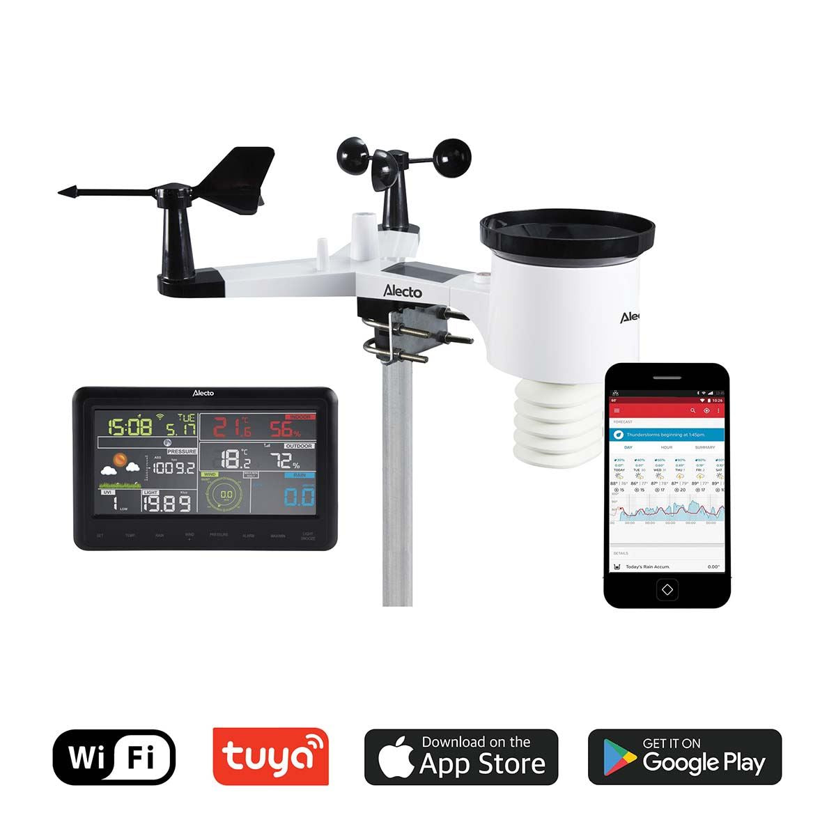 Alecto WS-5500 | 8-in-1 Wi-Fi Smart Weather Station | Indoor and Outdoor Temperature, Forecast, Wind, Pressure, Humidity, Rain & More | Outside Wireless sensor | Application | Grey