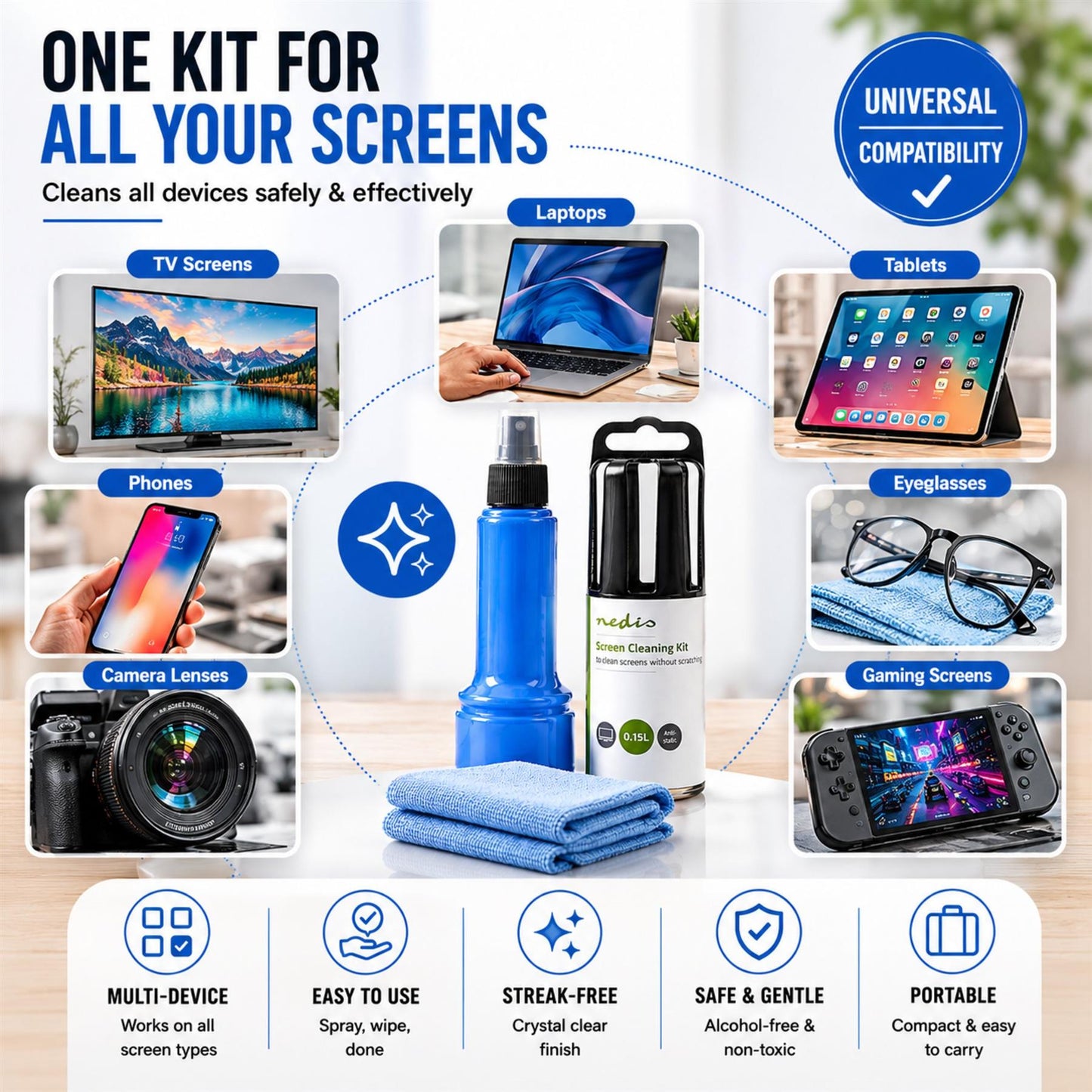 Nedis CLSN130BU Screen Cleaner | Spray | 150 ml | Notebook / Smartphone / Tablet / TV Screen | Wiper included