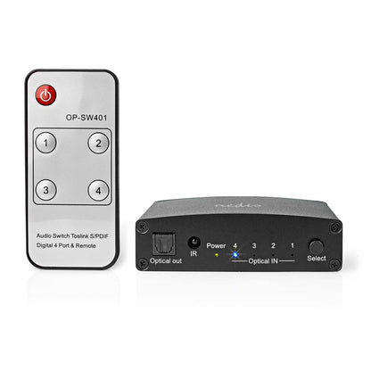Nedis Digital Audio Switch | 4-way | Connection input: DC Power / 4x TosLink | Connection output: TosLink Female | Manual / Push Button / Remote Control | Metal | Black