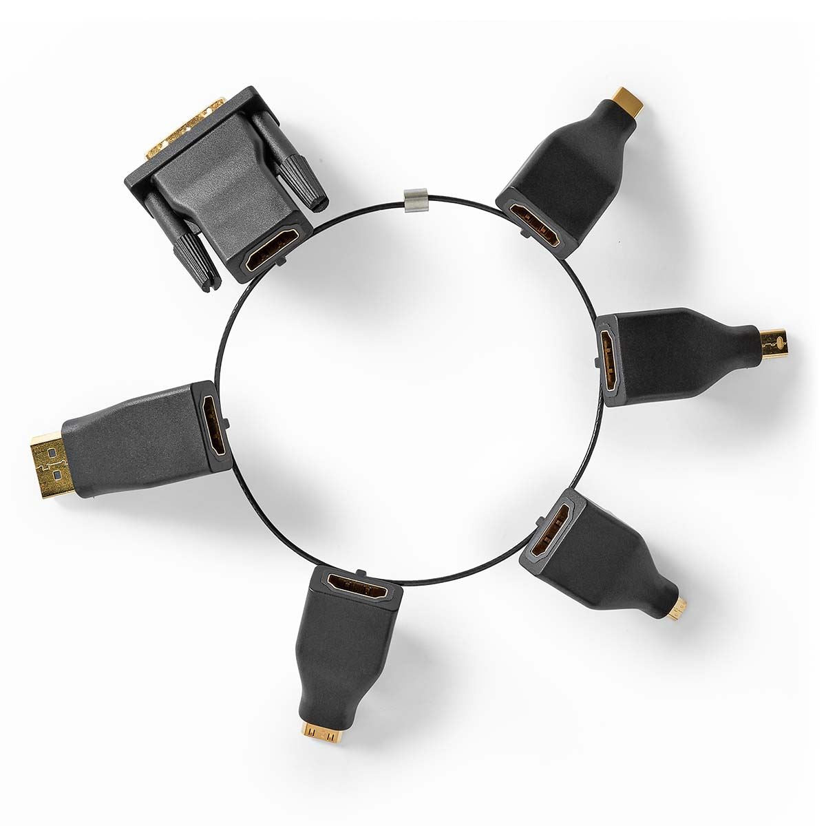Nedis HDMI™ Adapter | DisplayPort Male / DVI-D 24+1-Pin Male / HDMI™ Micro Connector / HDMI™ Mini Connector / Mini DisplayPort Male / USB-C™ Male | HDMI™ Output | Gold Plated | Straight | PVC | Black | 1 pcs | Box