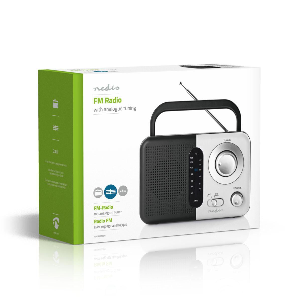 Nedis FM Radio | Portable Design | FM | Battery Powered / Mains Powered | Analogue | 2.4 W | Black White Screen | Headphone output | Carrying handle | Black / White