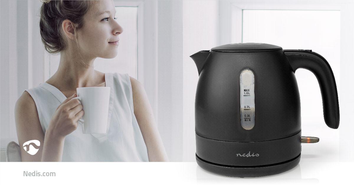 Nedis Electric Kettle | 1.0 l | Plastic | Black | Rotatable 360 degrees | Concealed heating element | Strix® controller | Boil-dry protection
