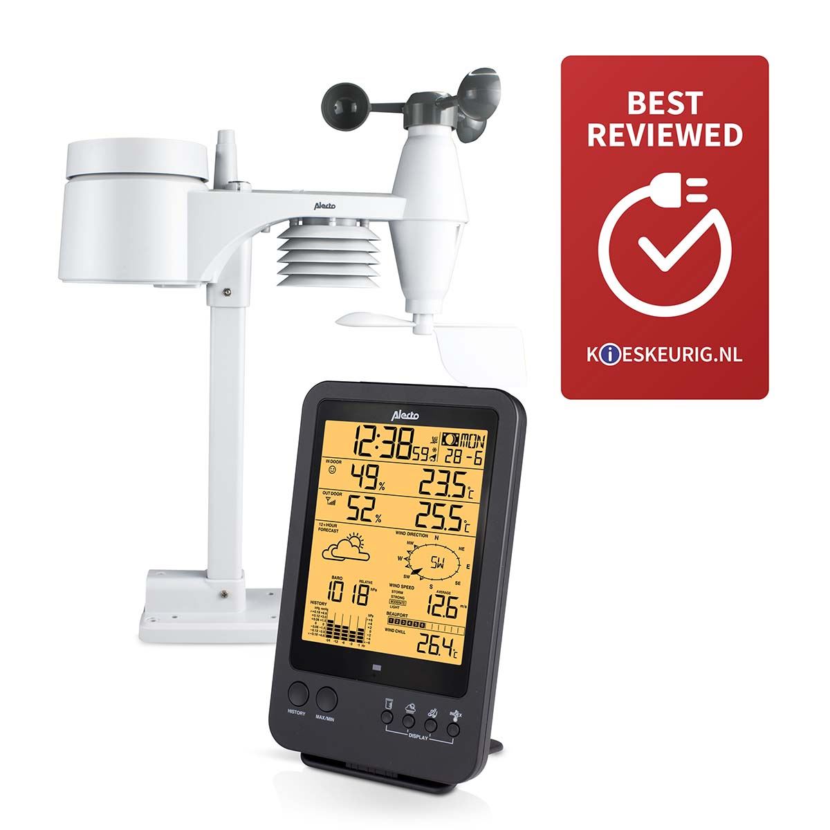 Alecto Weather Station | Indoor and Outdoor Temperature, Forcast, Wind, Humidity, Rain & More | Outside Wireless sensor | Black