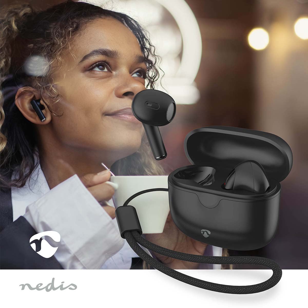 Nedis Fully Wireless Earphones | Bluetooth® | Battery play time: 16 hrs | Touch Control | Charging case | Wireless charging case | Built-in microphone | Voice control support | Black