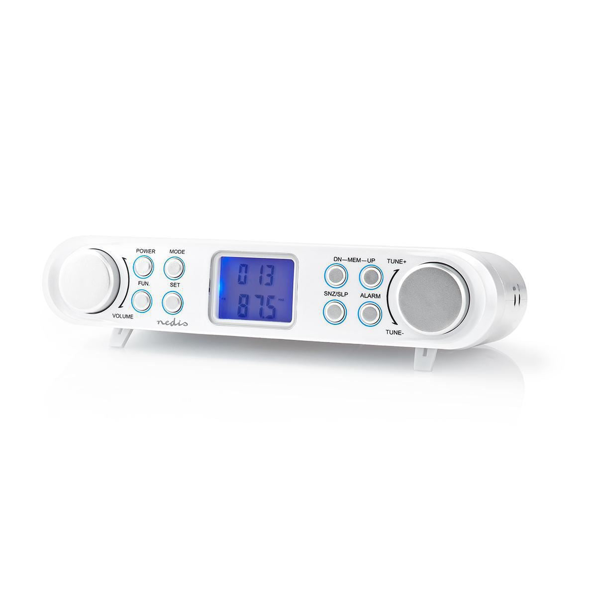 Nedis Kitchen Radio | Cabinet Design | FM | Mains Powered | Digital | 1.5 W | 2 " | Black Blue Screen | Alarm clock | Silver / White