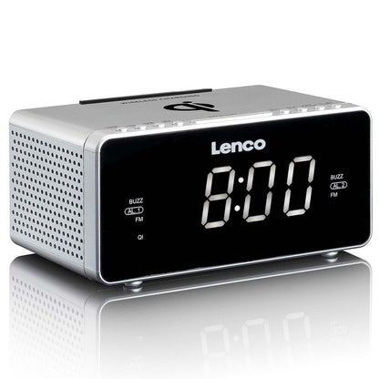 Lenco CR-550SI | FM Clock Radio | USB | Qi Wireless Smartphone Charging | Black & Silver