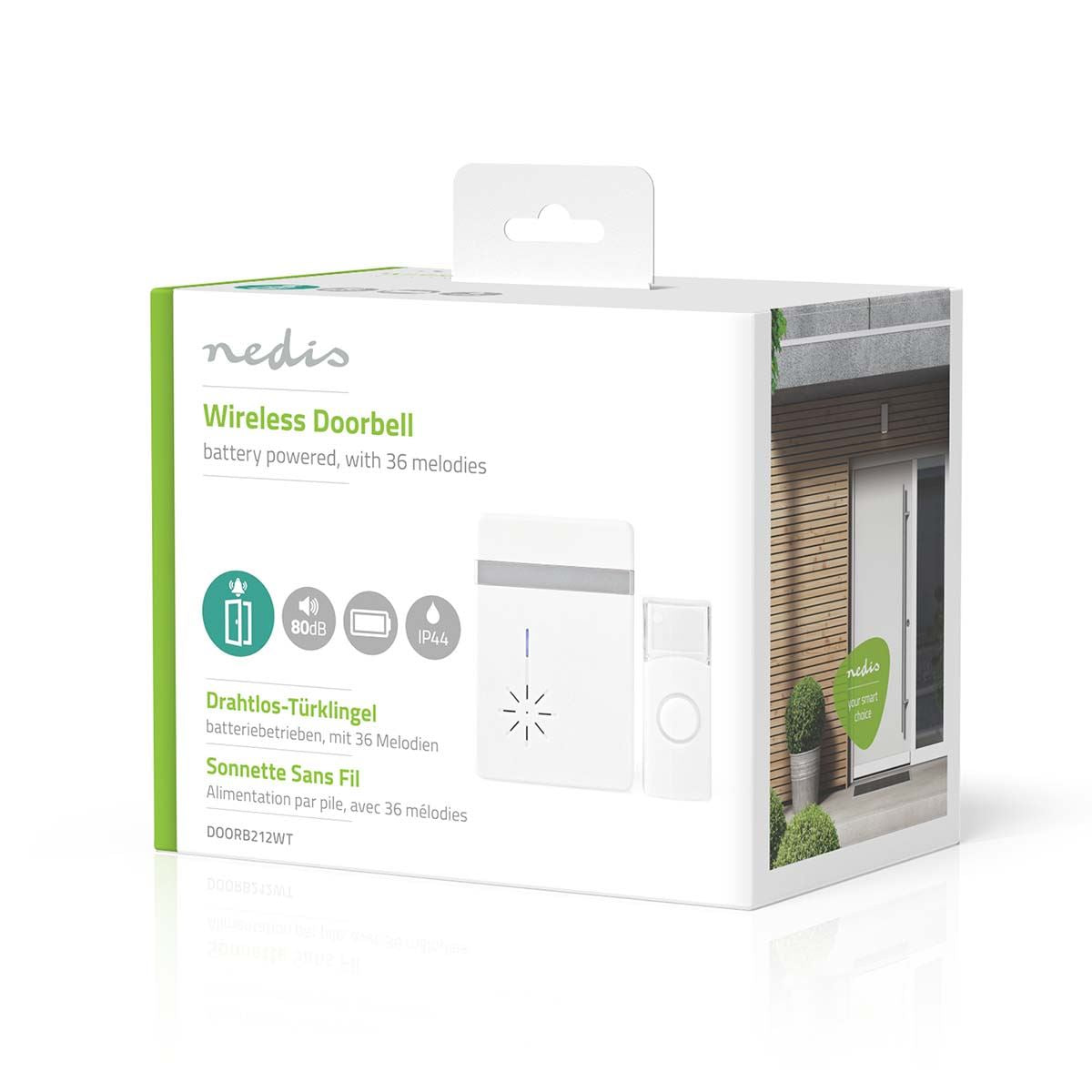 Nedis Wireless Doorbell Set | Battery Powered | 3 V DC | 1x CR2032 | Volume: 80 dB | Signal range: 300 m | IP44 | 36 Melodies | 1 Receiver | White