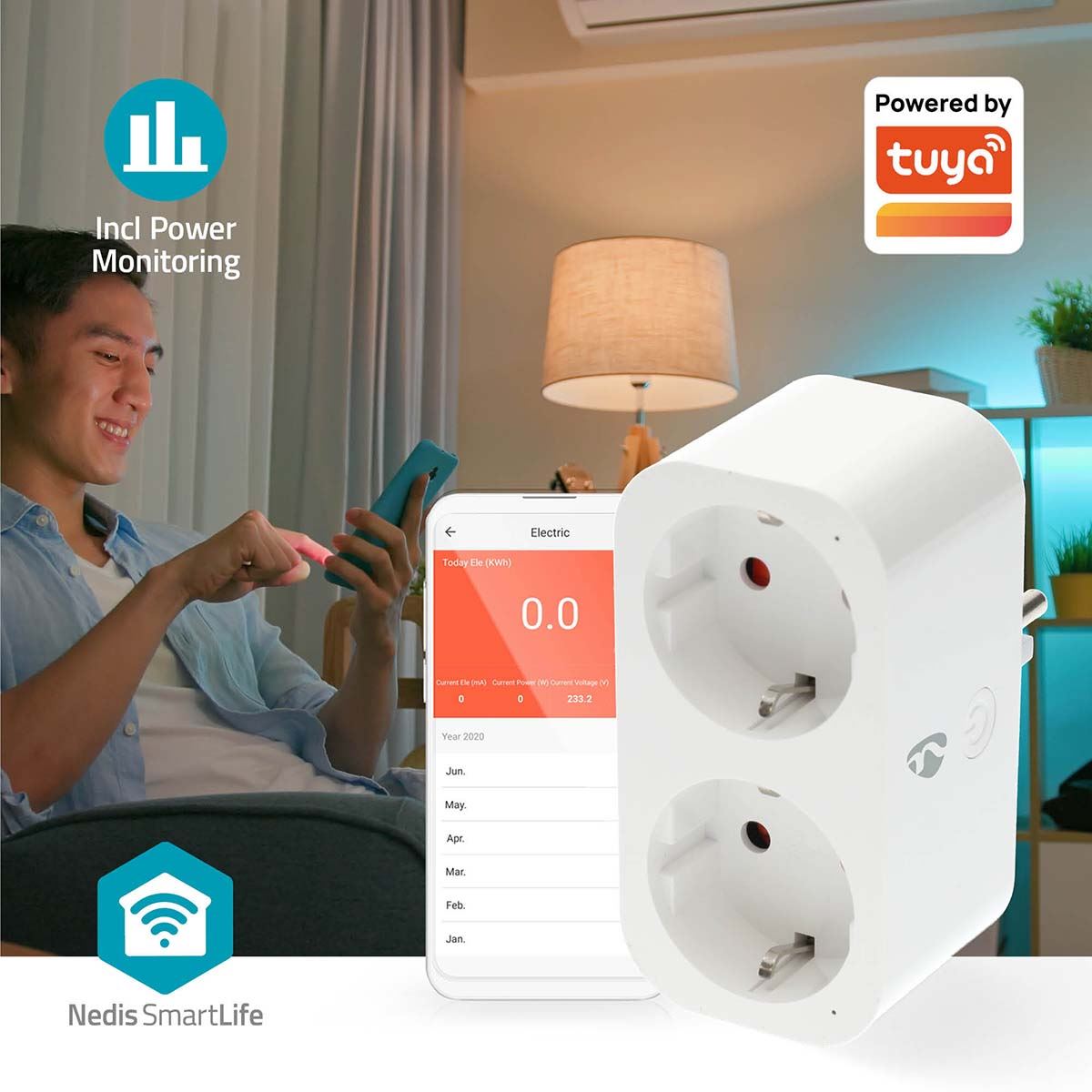 Nedis SmartLife Smart Plug | Wi-Fi | IP21 | Power meter | 3680 W | Type F (CEE 7/7) | 0 - 55 °C | Android™ / IOS | 2-Way | White | 1 pcs