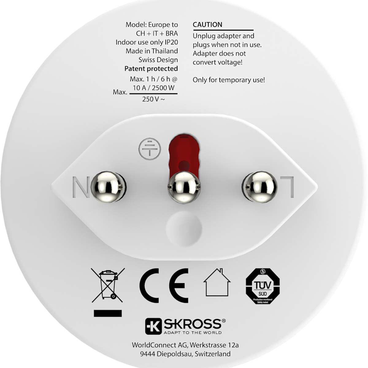 Skross Travel adapter Europe to Switzerland + Italy + Brazil - For 2- and 3-pole devices (grounding or Euro-plug)