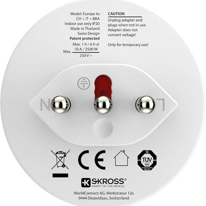 Skross Travel adapter Europe to Switzerland + Italy + Brazil - For 2- and 3-pole devices (grounding or Euro-plug)