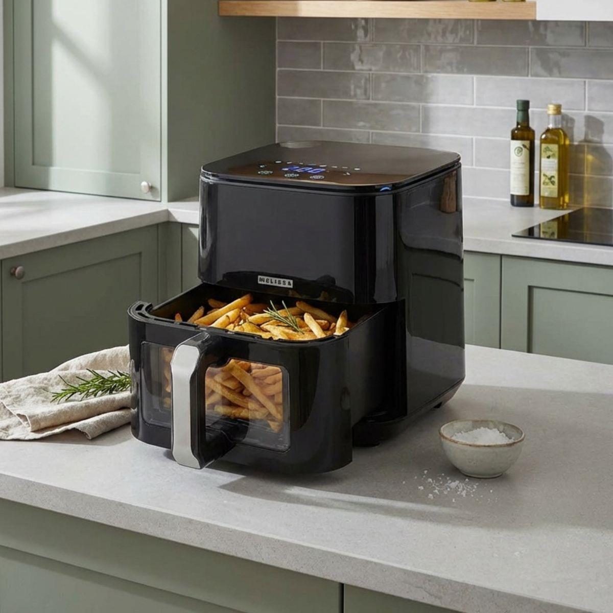 MELISSA 5L Hot Air Fryer Sleek XL for Healthy Low Fat Cooking, with Adjustable Temperature, Digital Display Control, 8 Presets and 60 Minute Timer  - Black