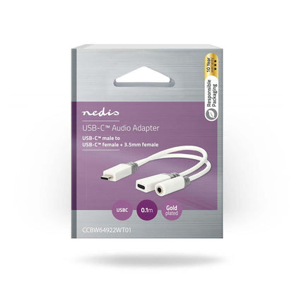 Nedis USB-C™ Adapter | USB 2.0 | USB-C™ Male | USB-C™ Female / 3.5 mm Female | 0.10 m | Round | Gold Plated | PVC | White | Box