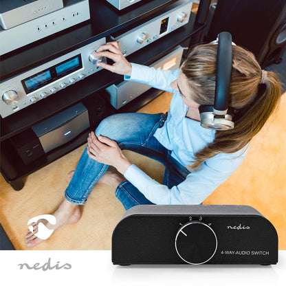 Nedis Analogue Audio Switch | 4 port(s) | Connection input: 1x 3.5 mm Audio Input / 3x (2x RCA Female) | Connection output: 1x (2x RCA Female) | Manual | Metal | Anthracite