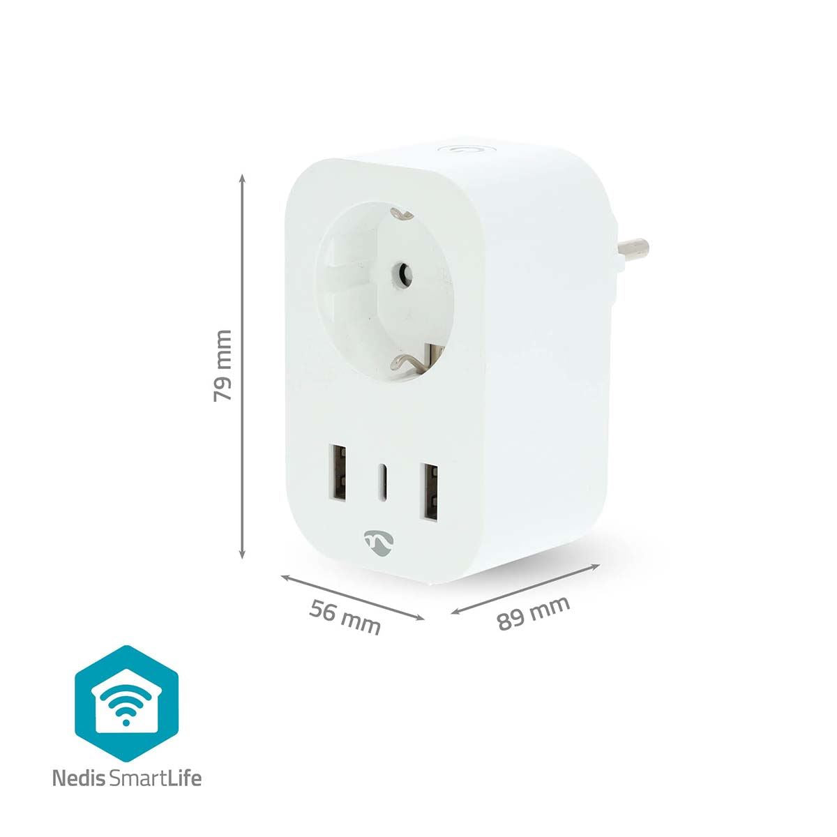 Nedis SmartLife Smart Plug | Wi-Fi | IP21 | Power meter | 3680 W | Type F (CEE 7/7) / 1x USB-C™ / 2x USB | 0 - 55 °C | Android™ / IOS | White | 1 pcs