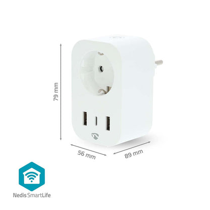 Nedis SmartLife Smart Plug | Wi-Fi | IP21 | Power meter | 3680 W | Type F (CEE 7/7) / 1x USB-C™ / 2x USB | 0 - 55 °C | Android™ / IOS | White | 1 pcs