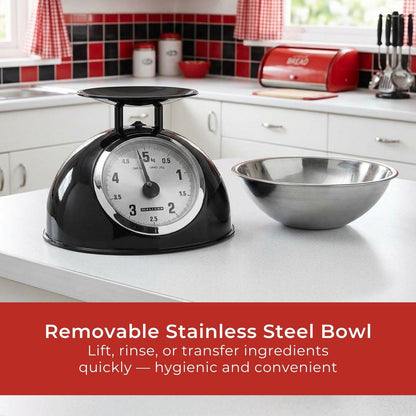 MELISSA Retro Kitchen Scale | Analog | Metal Housing | Removable bowl | Max. 5kg | 25-gram increments | Black