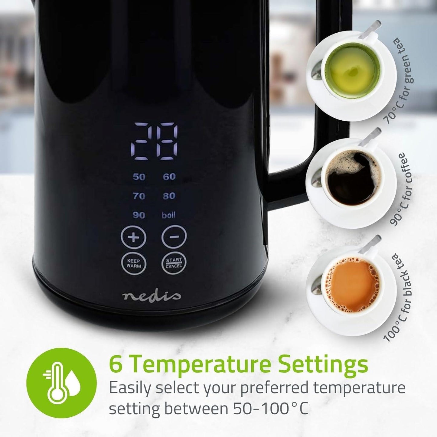 Nedis Electric Kettle | 1.7 l | Plastic | Black | 50,60,70,80,90,100 °C | Temperature indicator | Rotatable 360 degrees | Concealed heating element | Strix® controller | Boil-dry protection
