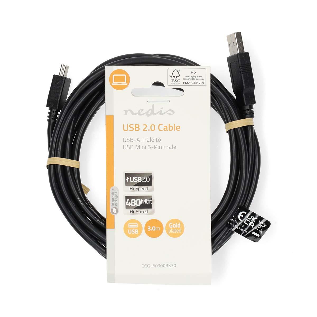 Nedis CCGT60300BK30 | USB Cable | USB 2.0 | USB-A Male | USB Mini-B 5 pin Male | 4.5 W | 480 Mbps | Nickel Plated | 3.00 m | Round | PVC | Black | Tag