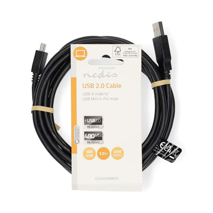 Nedis CCGT60300BK30 | USB Cable | USB 2.0 | USB-A Male | USB Mini-B 5 pin Male | 4.5 W | 480 Mbps | Nickel Plated | 3.00 m | Round | PVC | Black | Tag