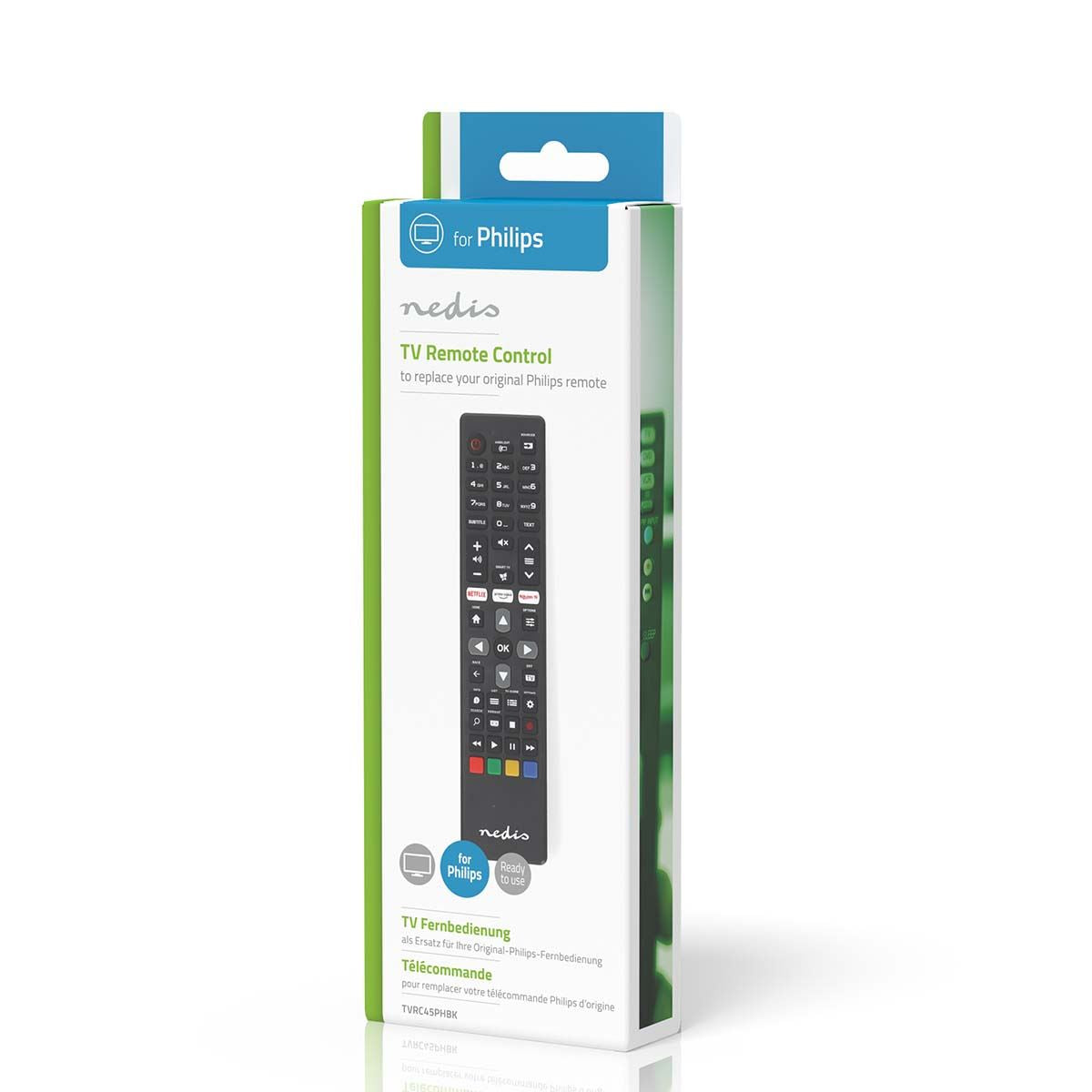 Nedis Replacement Remote Control | Suitable for: Philips | Preprogrammed | 1 Device | Amazon Prime / Netflix Button / Rakuten TV Button / Smart Hub Button | Infrared | Black |  HS01973