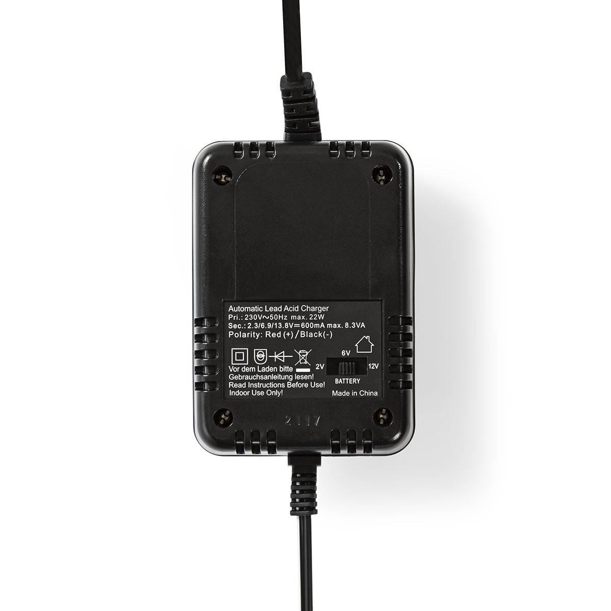 Nedis Lead-Acid Battery Charger | 2.3 / 6.9 / 13.8 V DC | 0.6 A | Trickle charging | Type C (CEE 7/16) | Battery Clamps | Battery type: AGM / Gel / Lead Acid / SLA / VRLA | Black