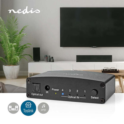 Nedis Digital Audio Switch | 4-way | Connection input: DC Power / 4x TosLink | Connection output: TosLink Female | Manual / Push Button / Remote Control | Metal | Black