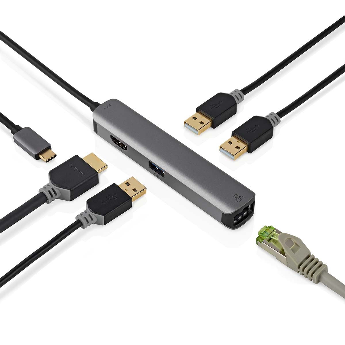 Nedis USB Multi-Port Adapter | USB 3.2 Gen 1 | USB-C™ Male | HDMI™ Output / RJ45 Female / 3x USB-A Female | 5 Gbps | 0.20 m | Round | Gold Plated | PVC | Anthracite | Box