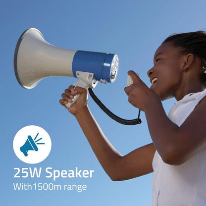 Nedis Megaphone | Maximum range: 1500 m | Maximum Volume control: 120 dB | Detachable Microphone | Built-in siren | Shoulder strap | Blue / White