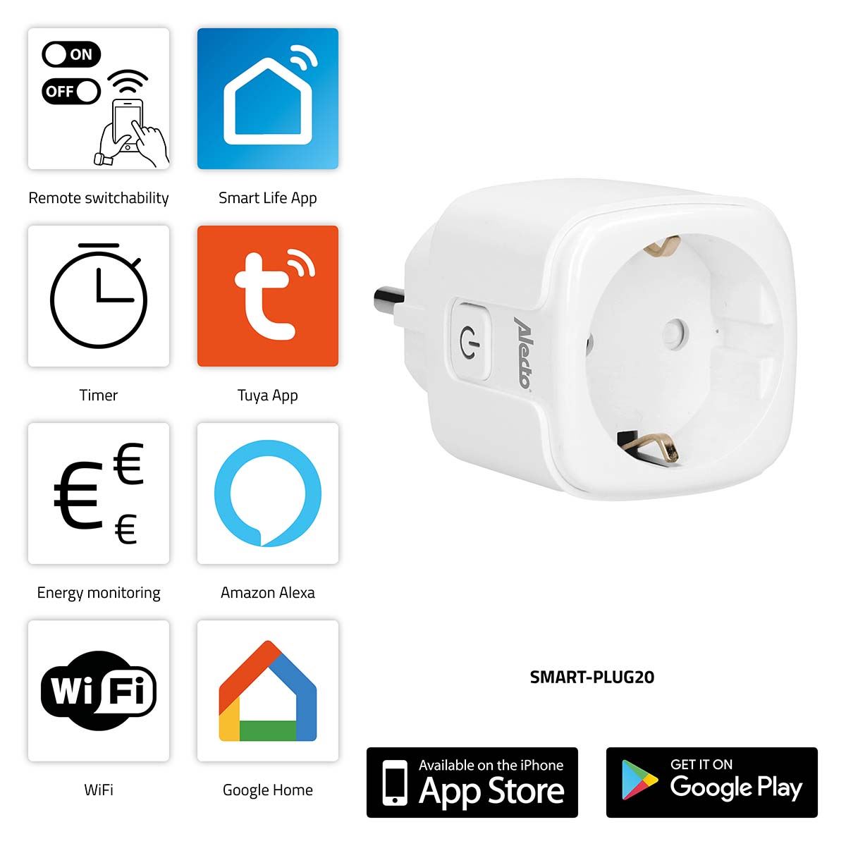 Alecto SMART-PLUG20 Schuko EU Smart Wi-Fi plug with energy monitor 16A 3680W