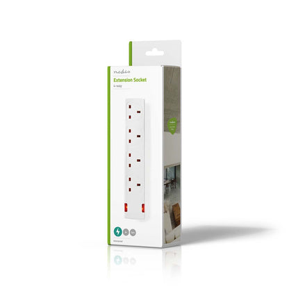 Nedis Extension Socket | Type G | 4-Way | 1.50 m | 3120 W | 13 A | Kind of grounding: UK Plug Earth pin | 230 V AC 50/60 Hz | Socket angle: 90 ° | H05VV-F 3G1.5mm² | White