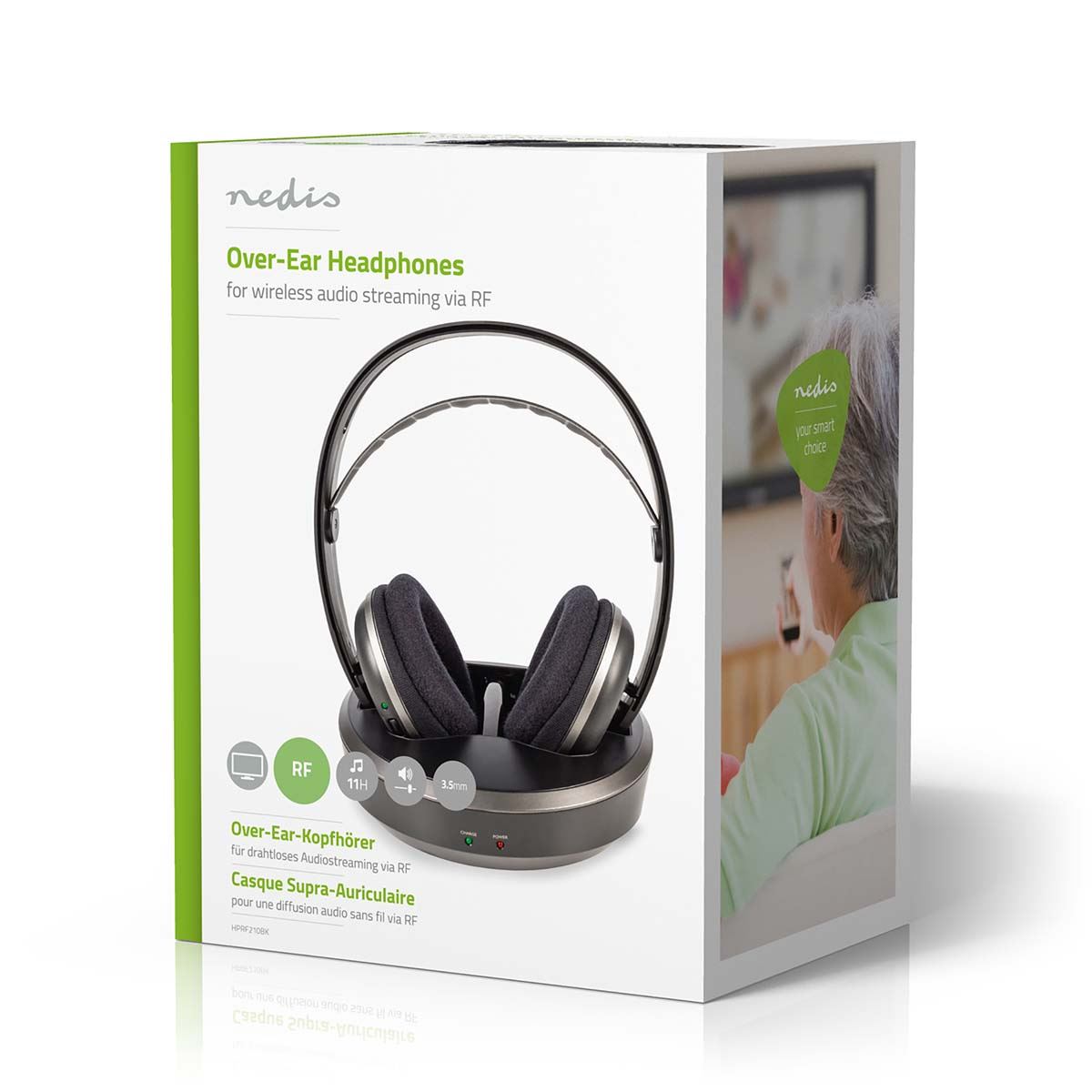 Nedis Wireless TV Headphones | RF | Over-Ear | Maximum battery play time: 11 hrs | 100 m | Digital Audio | Charging dock | Black / Silver