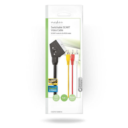 Nedis SCART Cable | SCART Male | 3x RCA Male | Nickel Plated | Switchable | 480p | 1.00 m | Round | PVC | Black | Envelope