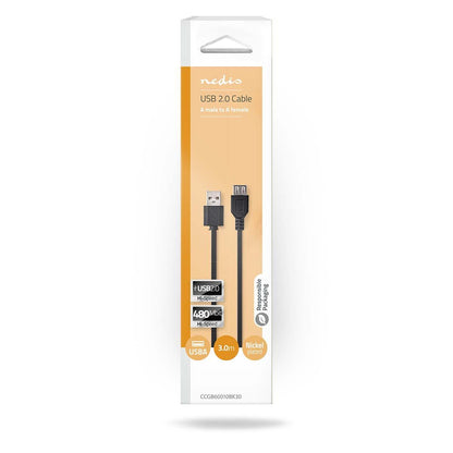 Nedis CCGB60010BK30 | USB Cable | USB 2.0 | USB-A Male | USB-A Female | 480 Mbps | Nickel Plated | 3.00 m | Round | PVC | Black | Box