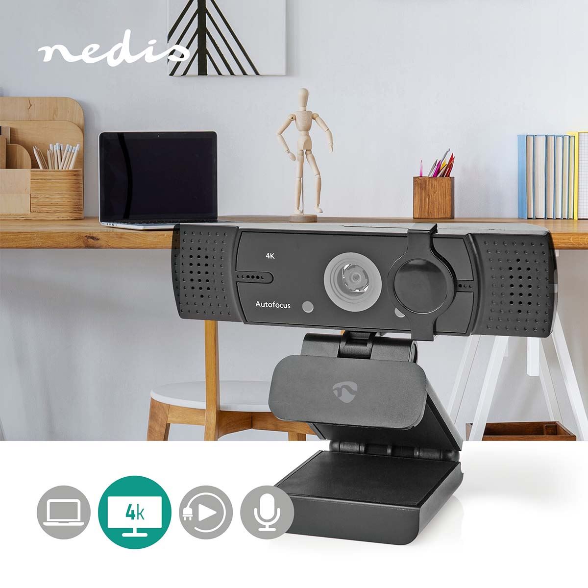 Nedis Webcam | Full HD@60fps / 4K@30fps | Auto Focus | Built-In Microphone | Black