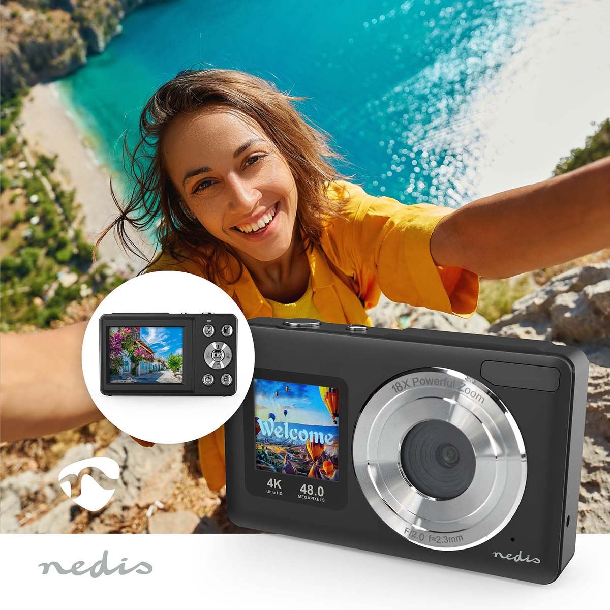 Nedis PCAM2530BK | Digital Photo Camera | Dual Screen | 48 MPixel | 4K@30fps | 5 MPixel CMOS | Black