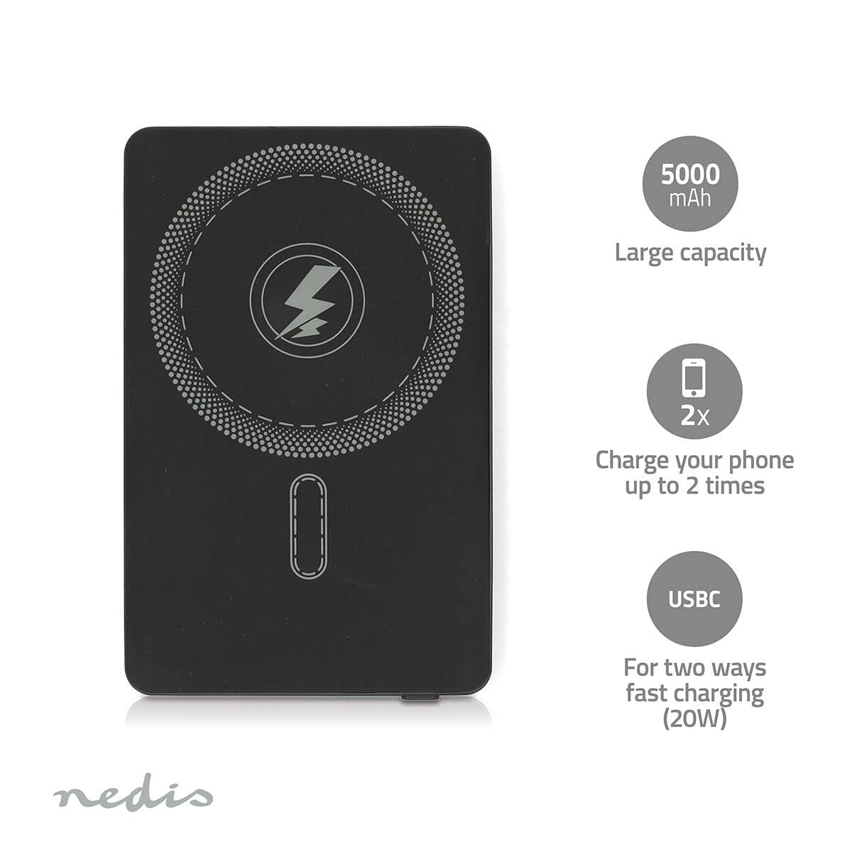 Nedis PBKWL20W025BK | Powerbank | 5000 mAh | Wireless charging | 1.67 / 2.22 / 3.0 A | Number of outputs: 1 | Output connection: 1x USB-C™ | Input connection: 1x USB-C™ | PD3.0 20W | Lithium-Polymer