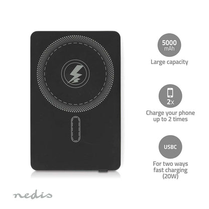Nedis PBKWL20W025BK | Powerbank | 5000 mAh | Wireless charging | 1.67 / 2.22 / 3.0 A | Number of outputs: 1 | Output connection: 1x USB-C™ | Input connection: 1x USB-C™ | PD3.0 20W | Lithium-Polymer