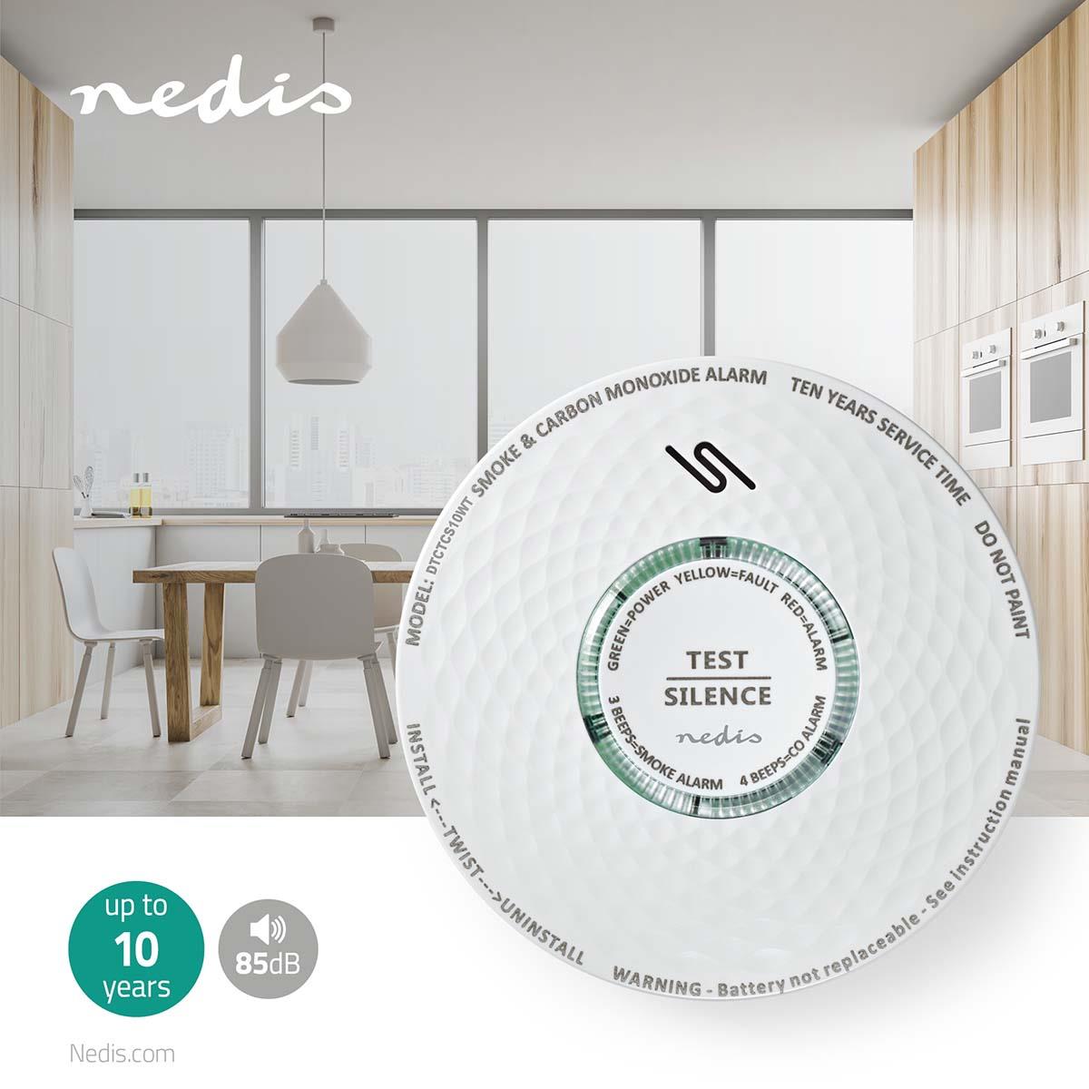 Nedis Smoke & Carbon Monoxide Alarm | Battery Powered | Battery life up to: 10 year | EN 14604 | With test button | 85 dB | ABS | White
