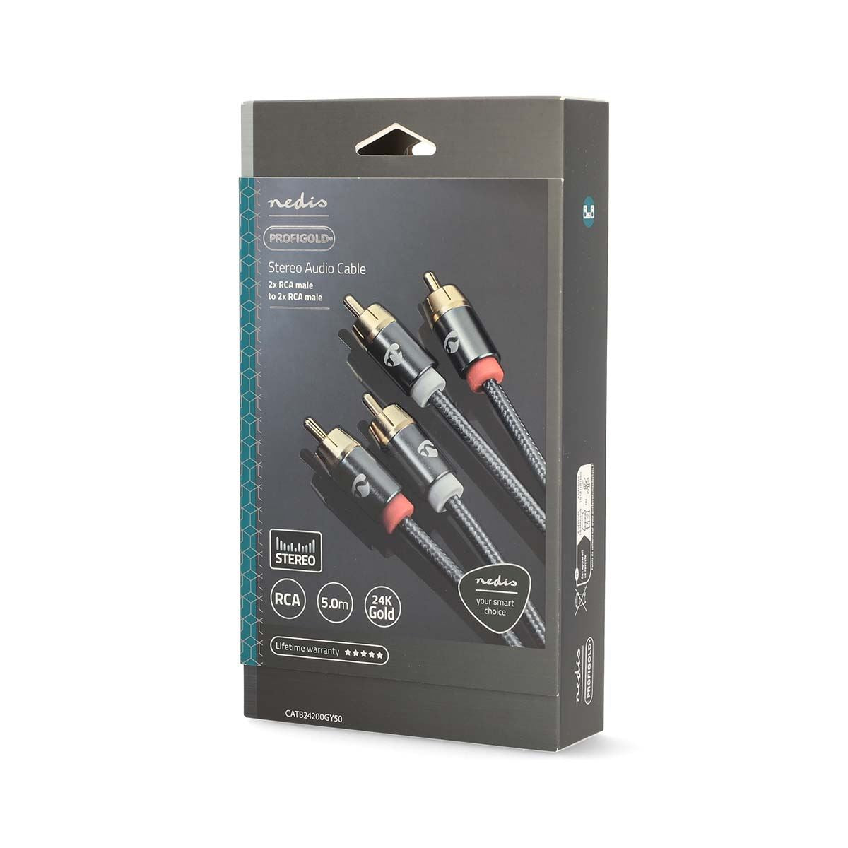 Nedis CATB24200GY50 | Stereo Audio Cable | 2x RCA Male | 2x RCA Male | Gold Plated | 5.00 m | Round | Grey / Gun Metal Grey | Cover Window Box