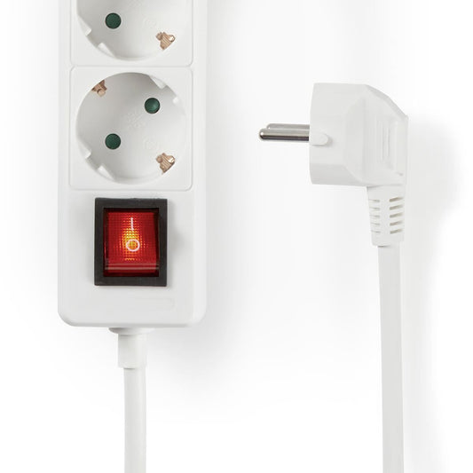 Nedis Extension Socket | Type F (CEE 7/7) | 3-Way | 1.50 m | 3680 W | 16 A | Kind of grounding: Side Contacts | 230 V AC 50/60 Hz | Socket angle: 45 ° | H05VV-F 3G1.5mm² | On/Off switch | White