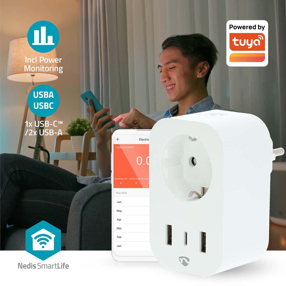 Nedis SmartLife Smart Plug | Wi-Fi | IP21 | Power meter | 3680 W | Type F (CEE 7/7) / 1x USB-C™ / 2x USB | 0 - 55 °C | Android™ / IOS | White | 1 pcs
