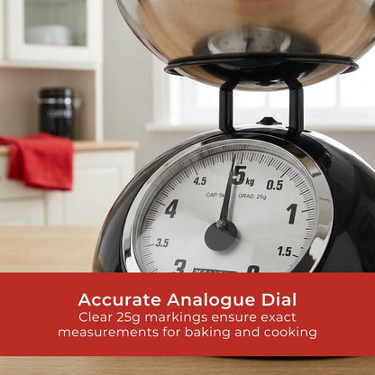 MELISSA Retro Kitchen Scale | Analog | Metal Housing | Removable bowl | Max. 5kg | 25-gram increments | Black