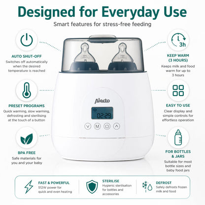 Alecto BW700TWIN | 2 Bottle Warmer, Baby Double Bottle Sterilizer with Digital Display and Temperature Control | White