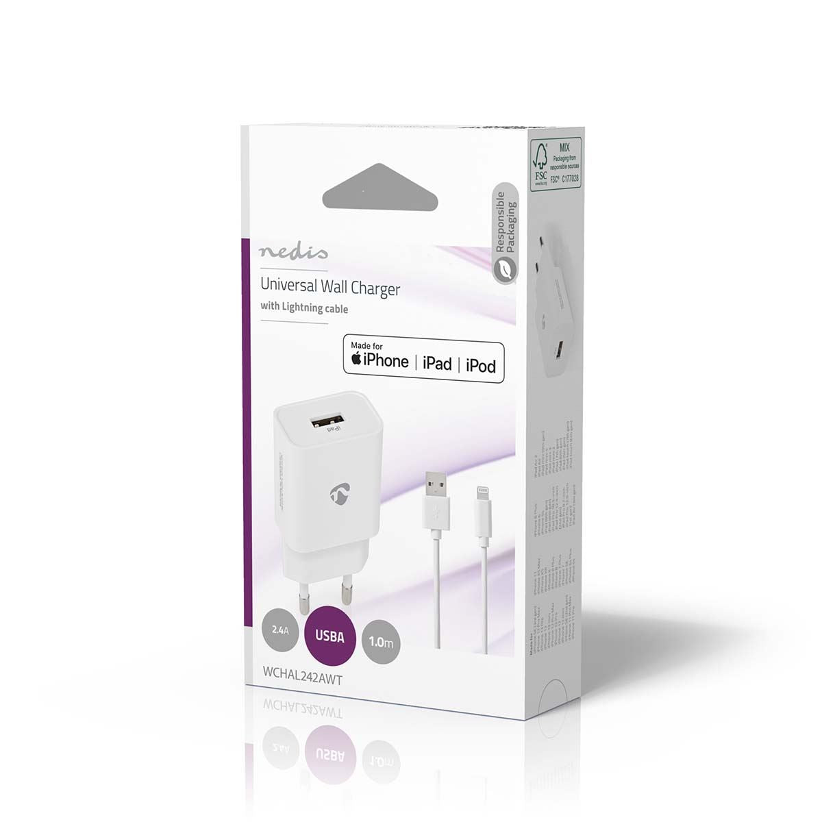 Nedis Wall Charger | 12 W | Quick charge feature | 1x 2.4 A | Number of outputs: 1 | USB-A | Lightning 8-Pin (Loose) Cable | 1.00 m | Single Voltage Output | White