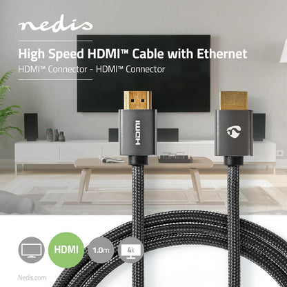 Nedis High Speed HDMI™ Cable with Ethernet | HDMI™ Connector | HDMI™ Connector | 4K@60Hz | ARC | 18 Gbps | 1.00 m | Round | Cotton | Grey / Gun Metal Grey | Cover Window Box